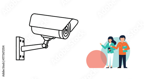 An outline drawing of a wall-mounted security camera watching over two modern business professionals engaged in discussion or collaboration, representing security and workplace themes.