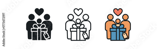 family handmade gift icon on white background Black silhouette flat icon outline icon and colored icon style. 1x3 grid. three minimal vector icon style. centered composition clear white