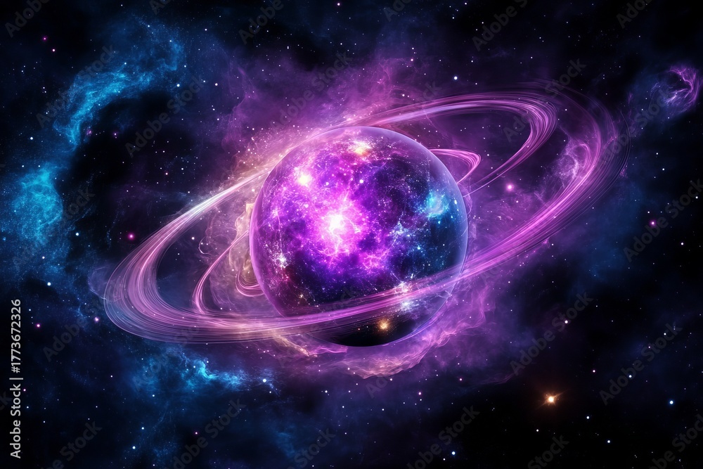 Obraz premium Purple planet surrounded by cosmic rings glows brightly amidst nebulae and stardust in outer space.