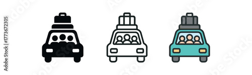 family road trip icon on white background Black silhouette flat icon outline icon and colored icon style. 1x3 grid. three minimal vector icon style. centered composition clear white space