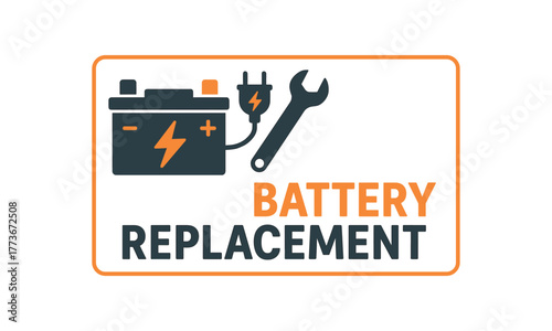 Flat vector banner design text BATTERY REPLACEMENT supporting icons of battery power cable and wrench dark gray and orange palette isolated on white marketing approved bright palette with