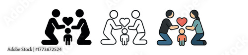 parents teaching child kindness icon on white background Black silhouette flat icon outline icon and colored icon style. 1x3 grid. three minimal vector icon style. centered composition