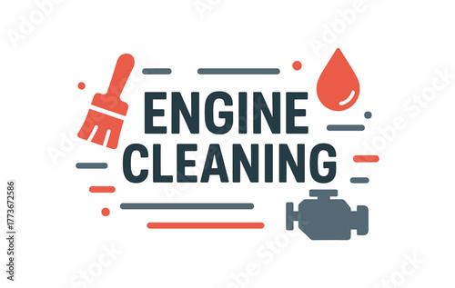Flat vector banner design text ENGINE CLEANING supporting icons of brush oil drop and engine symbol steel gray and red palette isolated on white marketing approved bright palette with