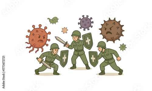 immune system as army fighting pathogens defense metaphor for disease resistance flat vector illustration style isolated on white background clean lines soft no gradient no text centered