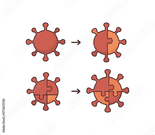 virus mutation represented as evolving puzzle pieces conceptual illustration of adaptation flat vector illustration style isolated on white background clean lines soft no gradient no text