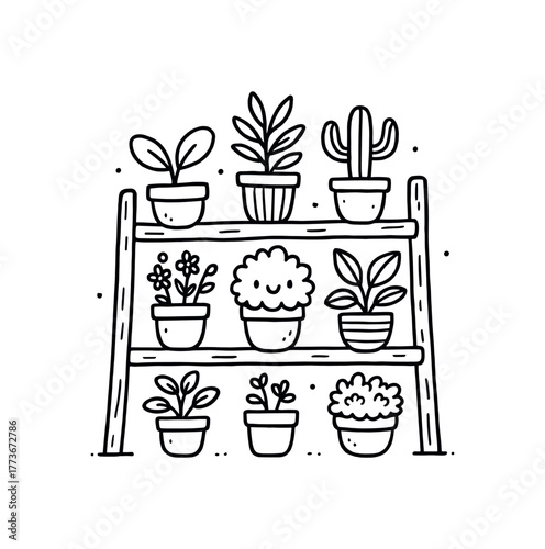 hand drawn cute doodle style tier garden shelf vector line illustration line isolated on white background