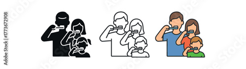 family morning routine brushing teeth icon on white background Black silhouette flat icon outline icon and colored icon style. 1x3 grid. three minimal vector icon style. centered