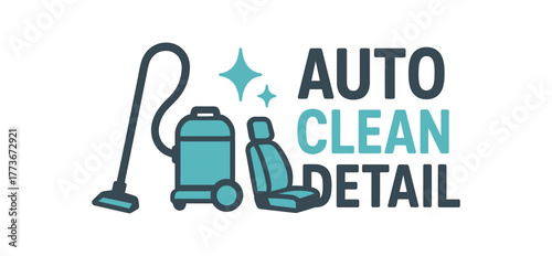 Flat vector banner design text AUTO CLEAN DETAIL supporting icons of vacuum sparkle and icon cyan and dark gray tones isolated on white marketing approved bright palette with balanced