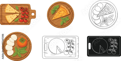 Various cheese boards with tomatoes pizza and basil in vector format