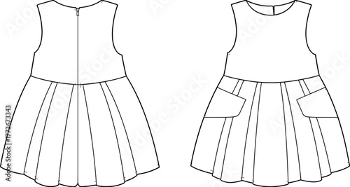 Sleeveless pleated dress sketch, front and back view, patch pockets, fitted bodice, zipper closure, fashion template, apparel layout