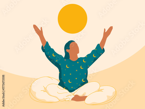 A serene depiction of a person with outstretched arms, basking in the golden sunlight, embodying peace, tranquility, and a connection to nature and the universe in meditation.