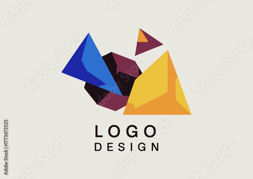 An abstract geometric logo design comprising colorful 3D shapes like pyramids and spheres, symbolizing creativity and a modern approach to branding and visuals.