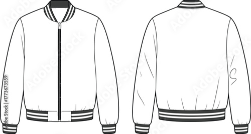 Varsity jacket technical sketch, front and back view, striped ribbed collar, cuffs, hem, zipper closure, fashion template, apparel layout