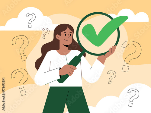 A character illustration of a person with a magnifying glass and a checkmark, symbolizing problem-solving and affirmation amid confusion represented by question marks.