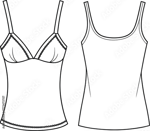 Women’s camisole top sketches, front views, lace trim, scoop neckline, structured cups, adjustable straps, fashion template, apparel layout