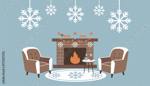A fairytale winter wonderland with white d snowflake decorations and a cozy fireplace setting to create a warm and romantic vibe.