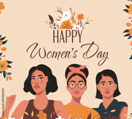 Happy Women's Day. Beautiful strong women standing together surrounded by flowers. Vector banner with International Women's Day. Movements for gender equality and women's empowerment. For website, adv