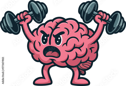 Cartoon brain character lifting dumbbells in a vector graphic depicting mental strength and intelligence