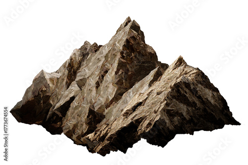 rock on white/Close-up of rugged rocky mountain formation with sharp edges and natural stone texture isolated on white background.