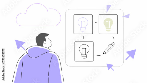 Person contemplating a flowchart of ideas and innovation symbolized by lightbulbs and a pen