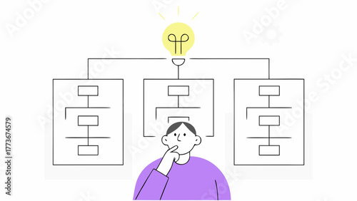 Person contemplating a flowchart with a bright idea lightbulb illuminating the process