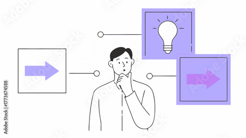 Man contemplating options and ideas represented by arrows and a lightbulb symbolizing decision making and innovation