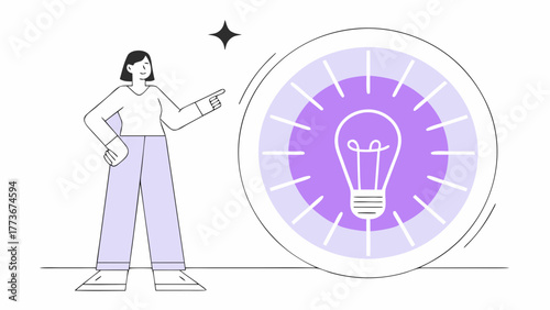 Creative woman points to a glowing lightbulb symbolizing a brilliant new idea or inspiration