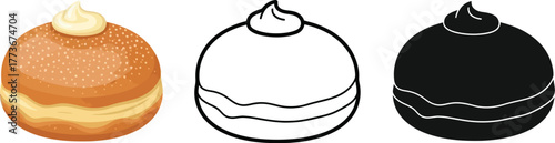 Three donuts with cream in color outline and black and white versions