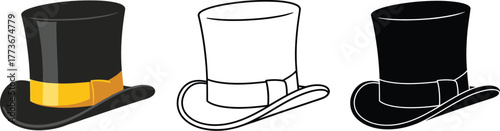 Illustration of three top hats in different styles on white background