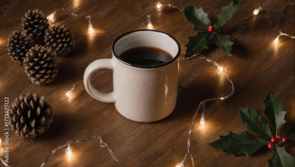 Obraz premium Cozy Christmas Morning Coffee with Pinecones and Twinkling Lights.