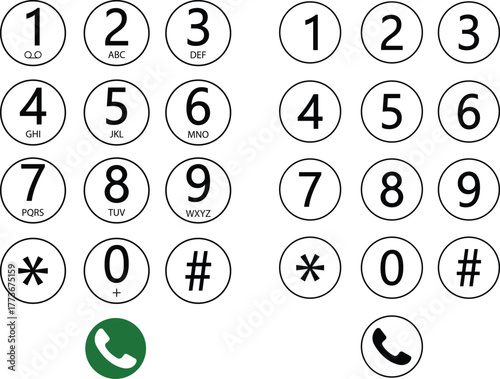 Dial number icons set, phone keypad collection, telephone button group, numeric pad symbol vector illustration, black and line style communication design collection, isolated on transparent background