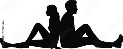 Two people sitting back to back silhouettes, man and woman vector illustration, relationship concept, contemplation artwork, emotional design, lifestyle graphic