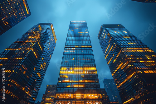 夜景に輝くガラス張りの高層オフィスビル群と都市の光景
