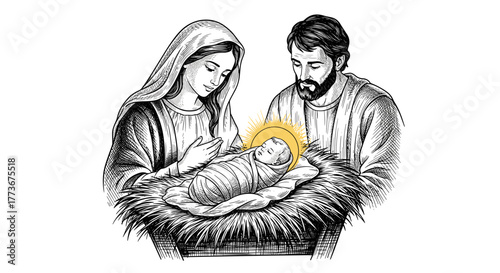 Bethlehem Christmas nativity scene: Engraving sketch Virgin Mary and Joseph bending over newborn Jesus Christ, black and white vector illustration - Christmas card design
