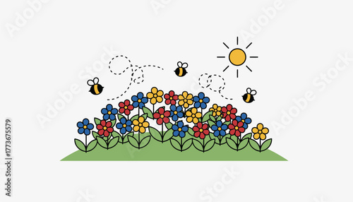 A carpet of vibrant wildflowers blankets a grassy meadow with bees buzzing harmoniously pollinating the blooms under the warm sun.