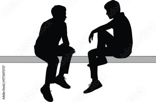 Two people sitting silhouettes, conversation vector illustration, friends talking artwork, social interaction design, communication concept, lifestyle posture, minimalist graphic