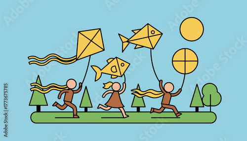 A playful scene of children flying kites in a park drawn with energy and motion capturing the essence of a breezy day.