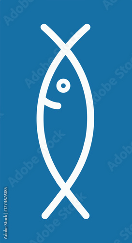 Vertical white outline of the Christian fish symbol, a simple religious icon known as the Ichthys, on a solid blue background