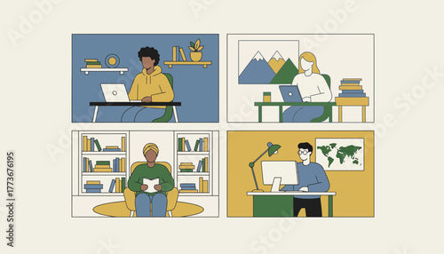 A diverse group of learners participating in a video conference each in their own home study space.