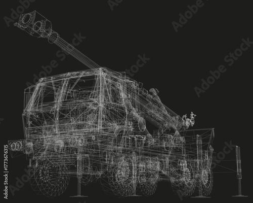 A military rocket launcher truck wireframe model in detailed headlights, grille, and wheels on a black background.