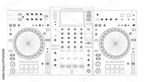 Black and white wireframe drawing of a DJ console featuring a large central wheel surrounded by various control knobs and buttons on a clean white background.