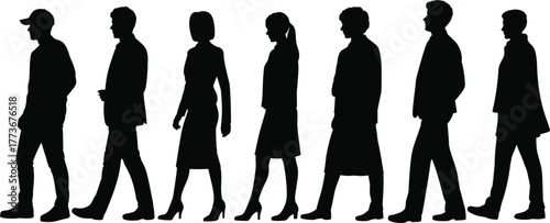 Walking people silhouettes, diverse group vector illustration, men and women in motion, casual attire, urban lifestyle, modern society graphic design