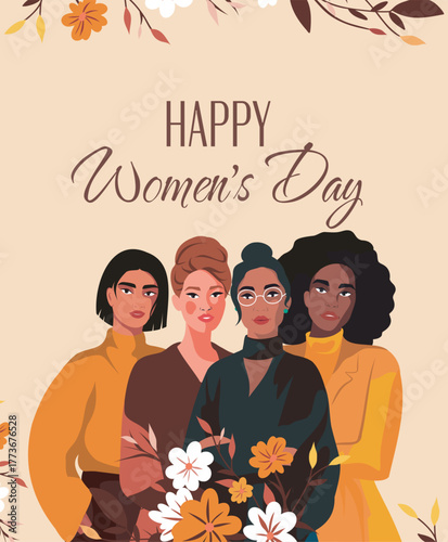 International Women's Day banner. Women of different cultures and skin colors stand together surrounded by flowers. Movements for gender equality and women's empowerment. Vector card