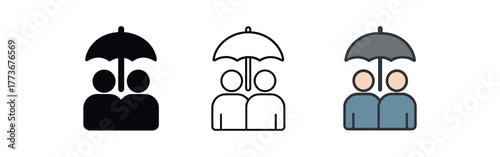 partners sharing umbrella icon on white background Black silhouette flat icon outline icon and colored icon style. 1x3 grid. three minimal vector icon style. centered composition clear