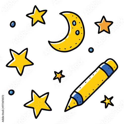 Crayon Star and Moon Doodle Set in Hand-Drawn Style vector