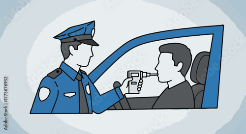 Police officer performing a breathalyzer test on a driver in a car, illustrating DUI enforcement