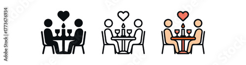 romantic dinner date icon on white background Black silhouette flat icon outline icon and colored icon style. 1x3 grid. three minimal vector icon style. centered composition clear white
