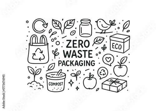 zero waste packaging doodle line vector illustration isolated