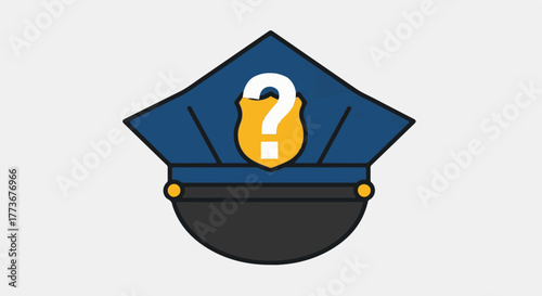 Question Mark On A Police Hat, Representing Uncertainty In Law Enforcement Or A Mystery