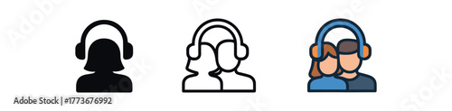 couple sharing headphones icon on white background Black silhouette flat icon outline icon and colored icon style. 1x3 grid. three minimal vector icon style. centered composition clear